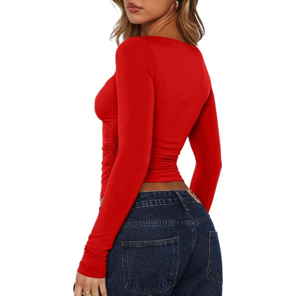 Women's Long Sleeve V Neck Ruched Top Slim Fitted Double Lined Casual Nights - Picture 6 of 6